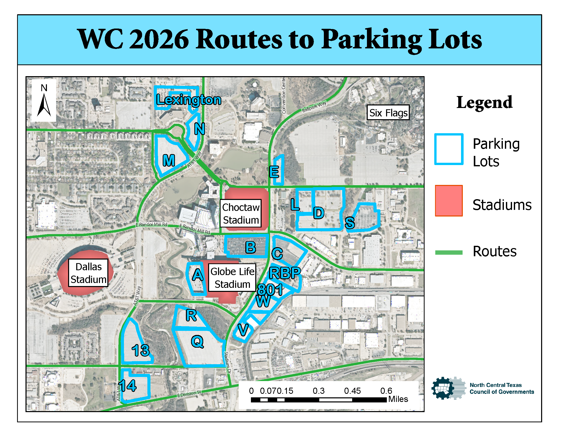 A regional traffic map detailing parking zones designated A through S for the Dallas stadium and Globe Life stadium area. The map includes major roadways such as N. Collins Street, E. Randol Mill Road, and Nolan Ryan Expressway. Parking zones are color-coded and outlined, with specific facilities labeled including the Live! Garage, Choctaw Stadium, and designated lettered zones (e.g., A, B, C, D, E, F, G, H, K, L, M, N, Q, R, S, T, V, W, 801, and 15). The map includes a directional compass pointing north and a scale bar representing 0.7 miles.