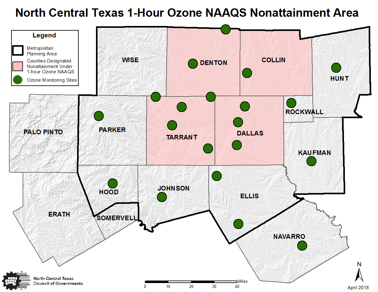 Map thumbnail of North Central Texas 1-hour ozone NAAQS nonattainment area