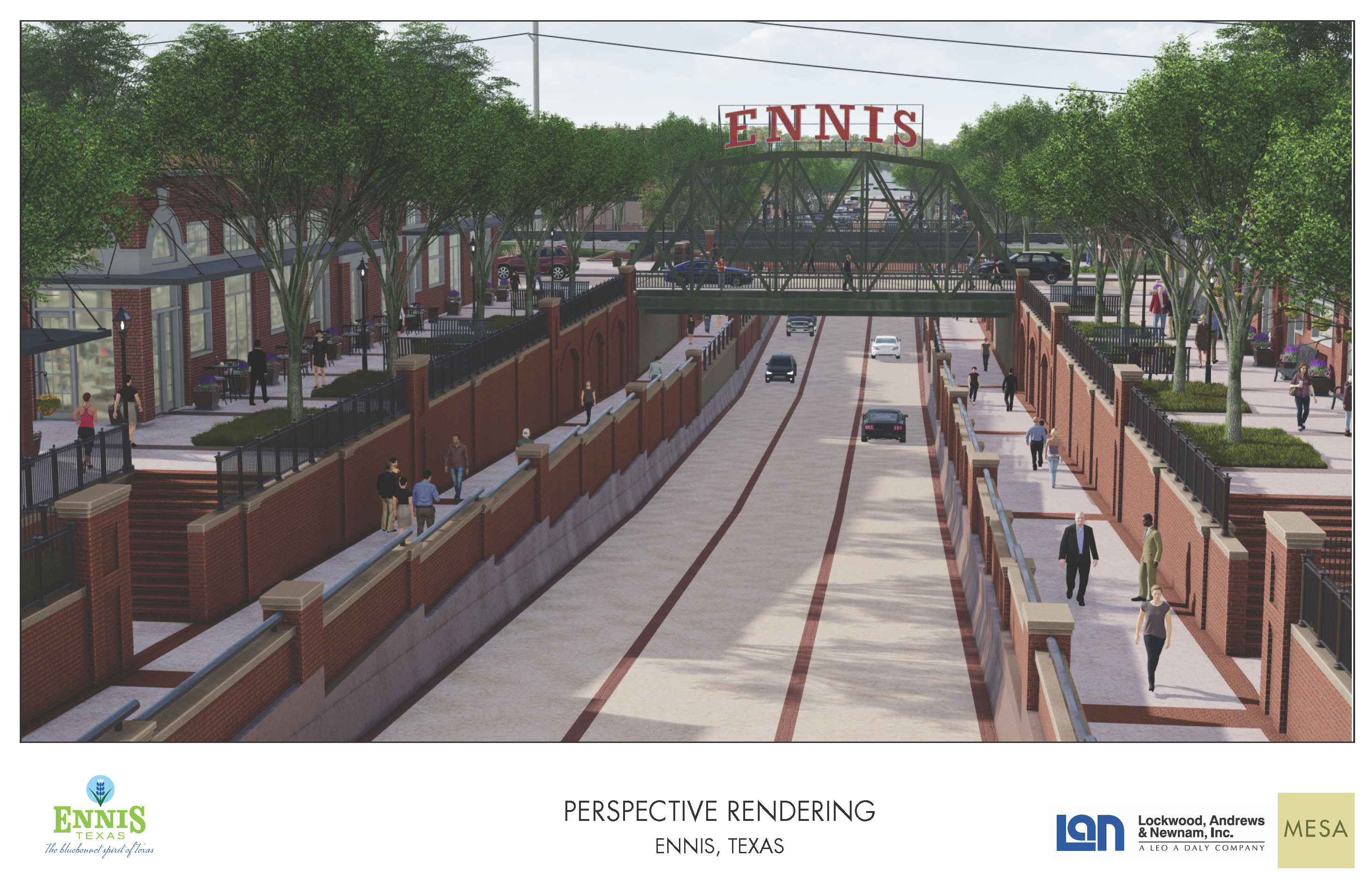 A digital perspective rendering of a proposed urban development in Ennis, Texas. The scene depicts a multi-lane roadway passing through a deep underpass framed by tall, decorative red-brick retaining walls. At the street level above the walls, there are wide pedestrian sidewalks lined with lush green trees, black ornamental lamp posts, and red-brick buildings with outdoor restaurant seating. A green steel truss bridge with a large, red 