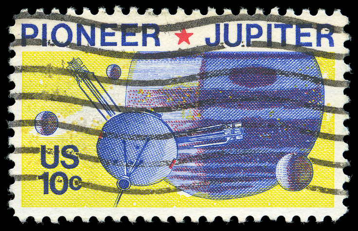 A 10-cent stamp of the pioneer satellite as it passed Jupiter.