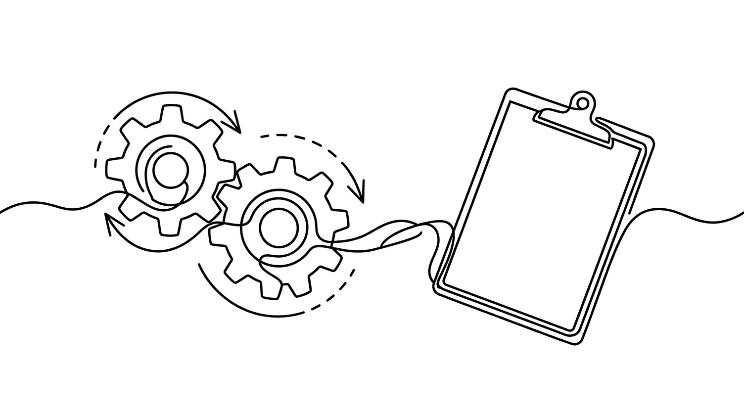 AdobeStock_2032383462 A black and white drawing of line starting from left connecting gears spinning in a clockwise motion and going to the right to connect to a clipboard.