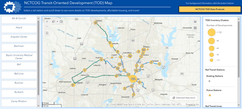 TOD_InteractiveMap_24 Screenshot of the NCTCOG Transit-Oriented Development (TOD) Map interactive dashboard. The interface features a central regional map of the Dallas-Fort Worth metroplex displaying rail transit lines, existing and future stations, and yellow proportional circles representing TOD inventory clusters. A left-hand sidebar lists individual station names for selection, and a right-hand sidebar provides a legend for number of developments and station types. This image a link that opens an mapping application.