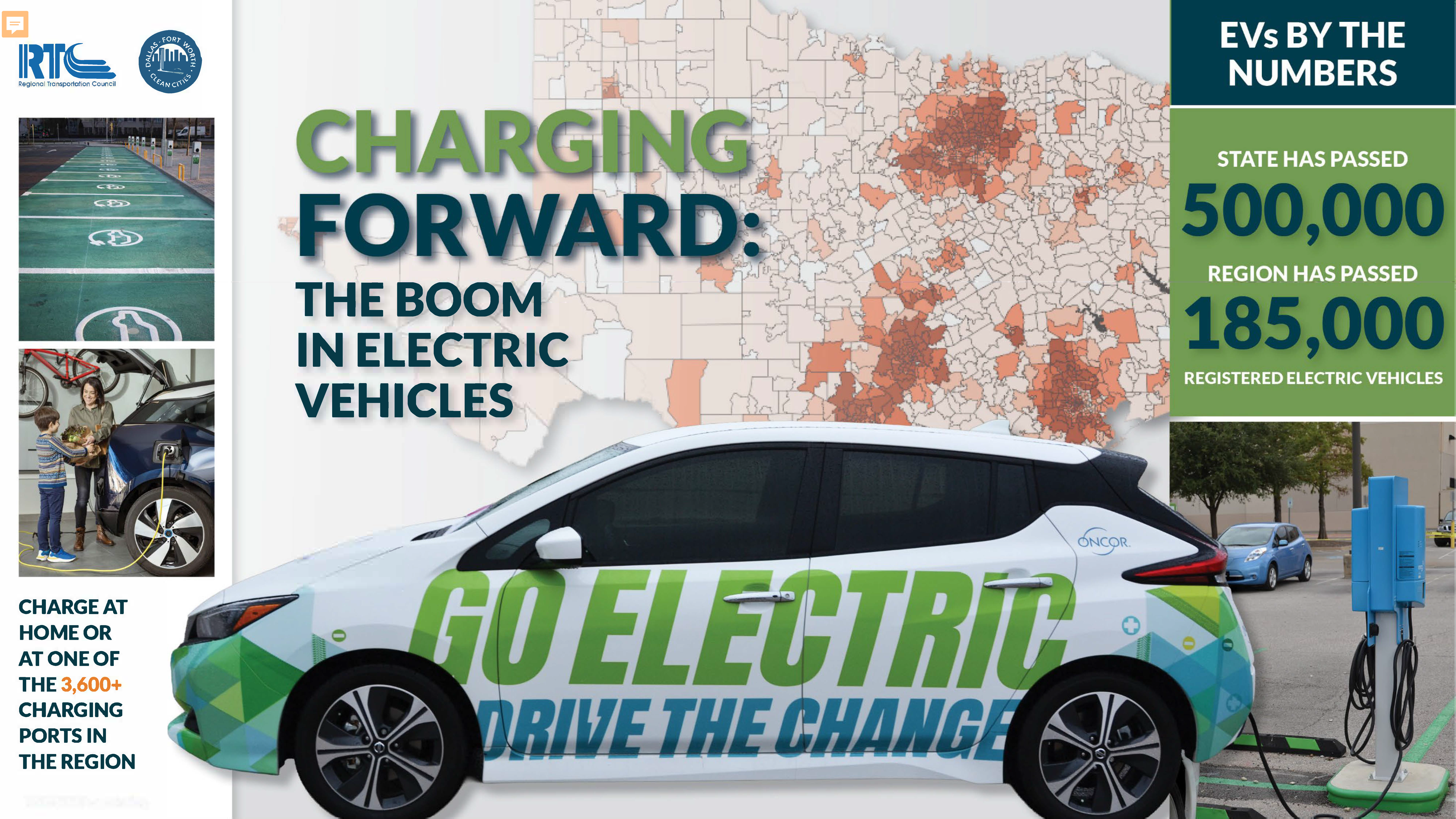 Sept TOTM Pic Graphic titled 'Charging Forward: The Boom in Electric Vehicles' featuring electric vehicles charging, a regional heat map, and statistics showing over 500,000 registered EVs in the state and 185,000 in the region.