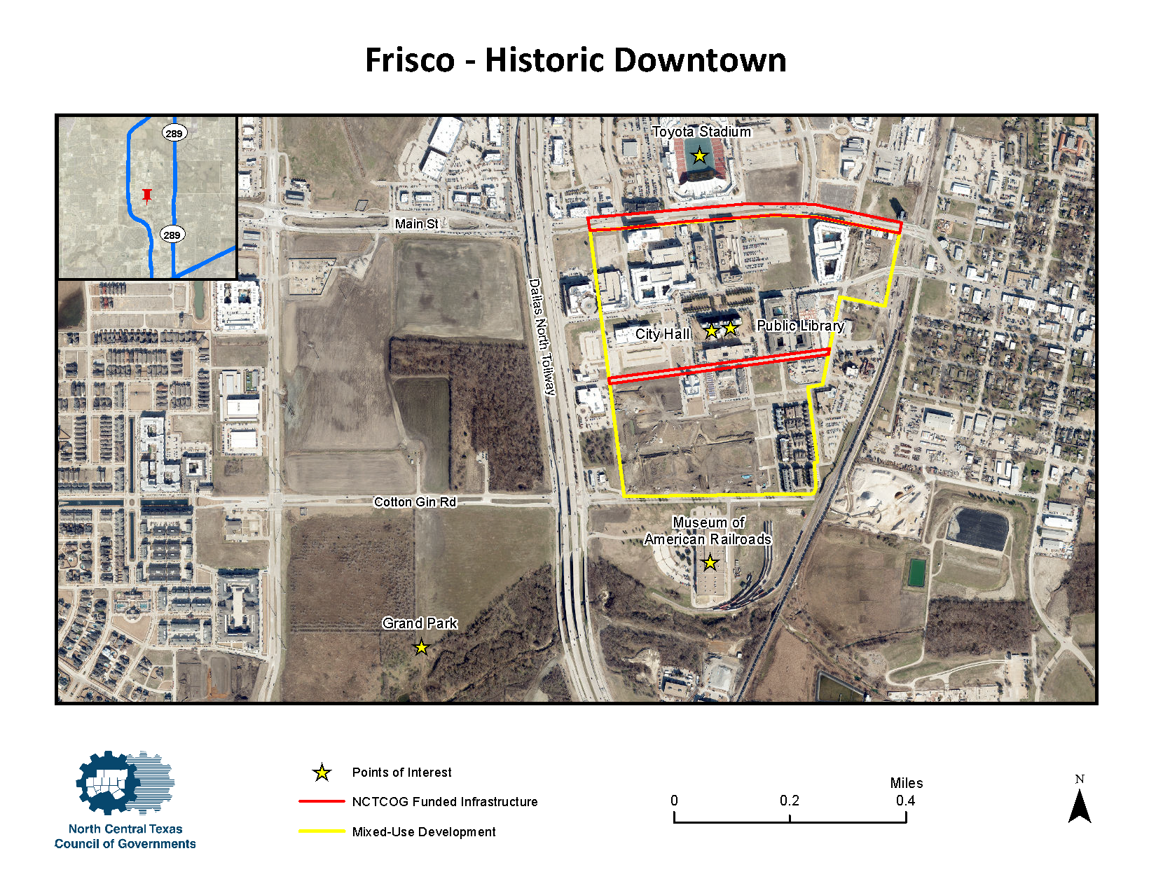 This is an aerial view of Historic Downtown in Frisco