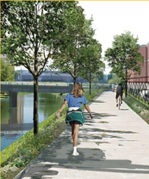 Rendering of Trinity Strand Trail tree-lined sidewalk along the Trinity River