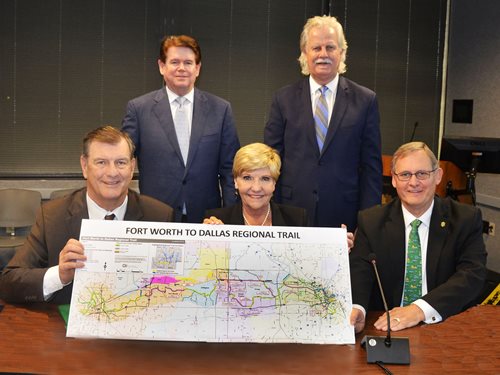 The RTC recognized, from left, mayors Mike Rawlings, Dallas; Jeff Williams, Arlington; Betsey Price, Fort Worth; Ron Jensen, Grand Prairie; and Rick Stopfer, Irving; for their efforts to fund the Fort Worth to Dallas Regional Veloweb.