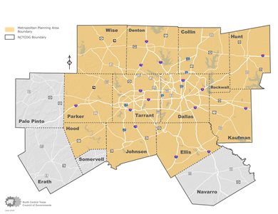 Map thumbnail of NCTCOG's counties within their region. Including: Wise, Parker, Tarrant, Dallas, Palo Pinto, Erath, Rockwall, Somervell, Hood, Johnson, Ellis, Denton, Hunt, Navarro, and Kaufman.