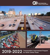 This is a photo collage of the 2019-2022 Transportation Improvement Program for North Central Texas picturing a highway, rail line, and bicycles.