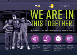 We are in this Together! Campaign Ad with three kid transit riders and thumbs up wearing masks to avoid disease