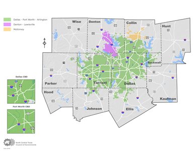 Small map thumbnail of urbanized areas based on the US Census of 2010 displaying a focus on Dallas, Tarrant, and parts of Denton and Collin counties.