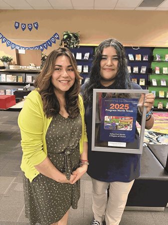 Natasha Torres, student winner of the PNT 2025 art contest,  pictured holding the publication with her artwork on the cover, positioned to the right of her art teacher, Angela Ruvalcaba.