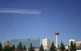 Airplanes fly over airport