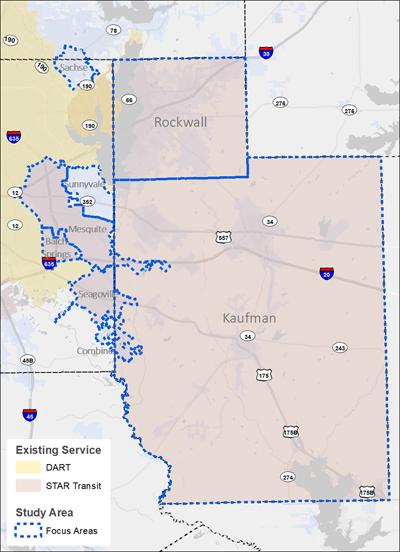 East Dallas, Kaufman, and Rockwall Counties Regional Transit Study Map