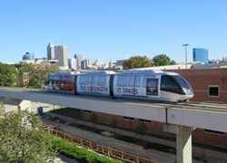 This is an image of a rail line outside of a city skyline in the DFW area
