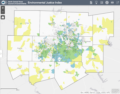 Thumbnail of an interactive Environmental Justice Index in North Central Texas previewing a population and minority density around Tarrant, Dallas, and parts of Collin and Denton counties.