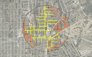 Identifying pedestrian routes beyond the .5 mile walk distance from a transit stop.