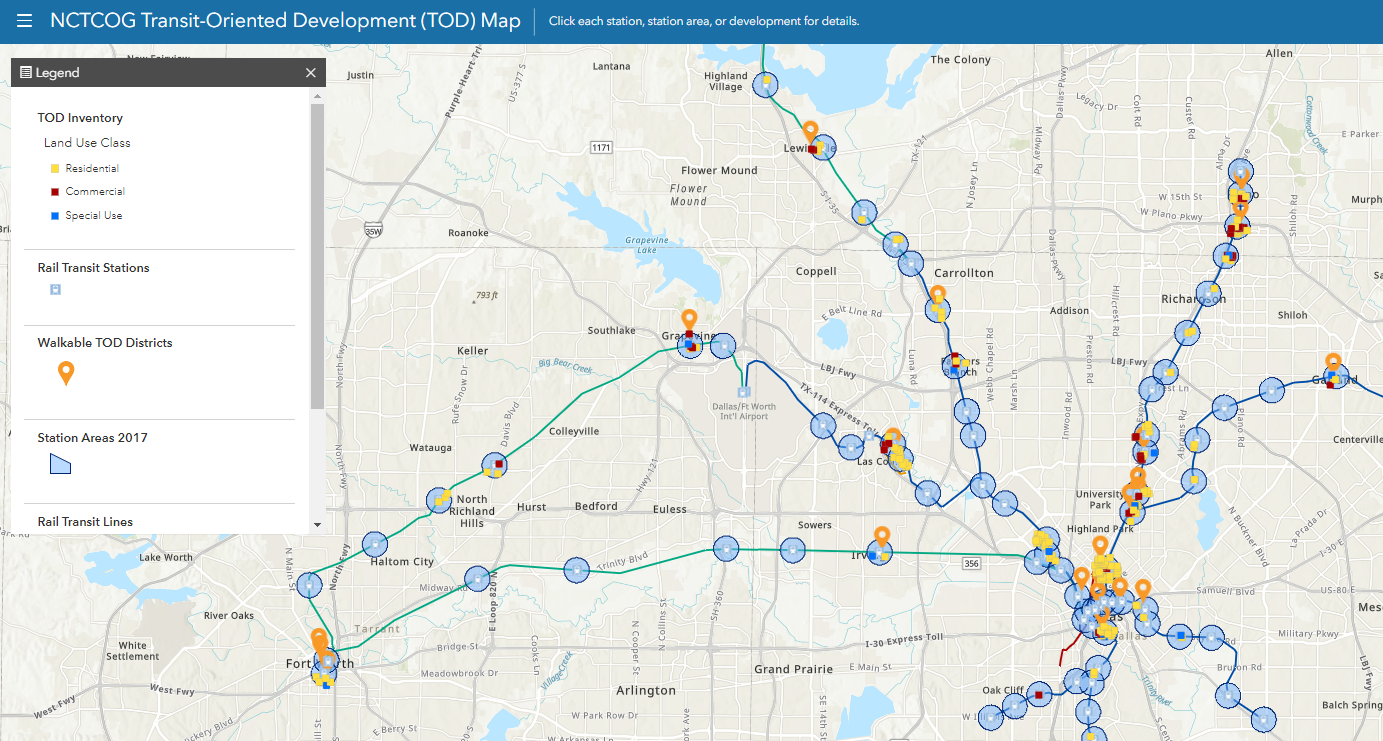 This is an interactive map highlighting the rail stations, walkable TOD Districts, and station areas in 2017 within the DFW area. For more information please call Travis Liska at 817-704-2512/