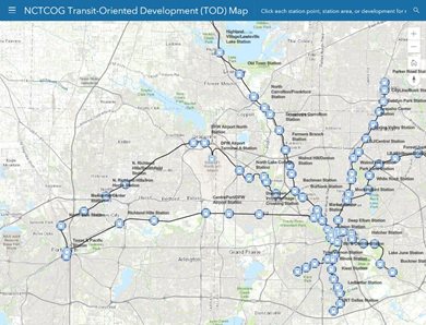 Preview of NCTCOG Transit-Oriented Development (TOD) Map displaying rail stations, existing rail lines and station areas.