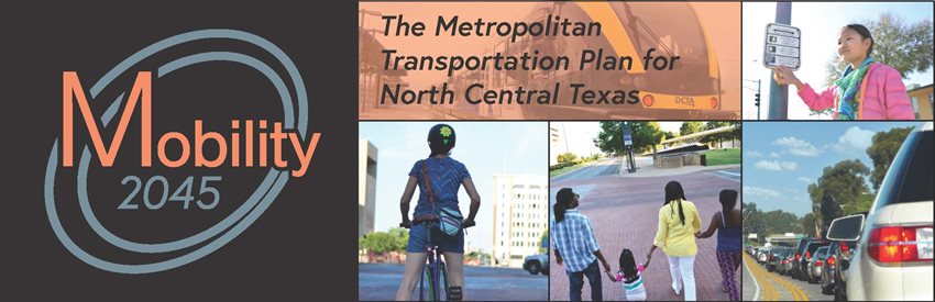 Mobility 2045 banner with collage photos of pedestrians and bicyclists.