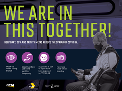 We are in this together! Campaign Ad showing transit rider responsibly masking up