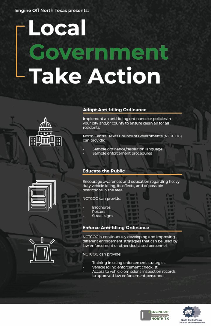 This is an infographic of Local Government Take Action by Engine Off North Texas outlining what NCTCOG can provide including adoption of anti-idling ordinances/enforcing them and educating the public.
