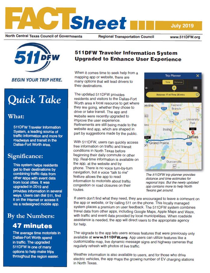 The cover page of the 511DFW fact sheet