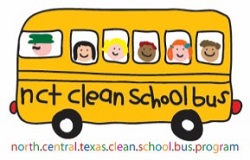 Childlike cartoon drawing of smiling children riding in a yellow school bus with black text that says "NCT clean school bus".