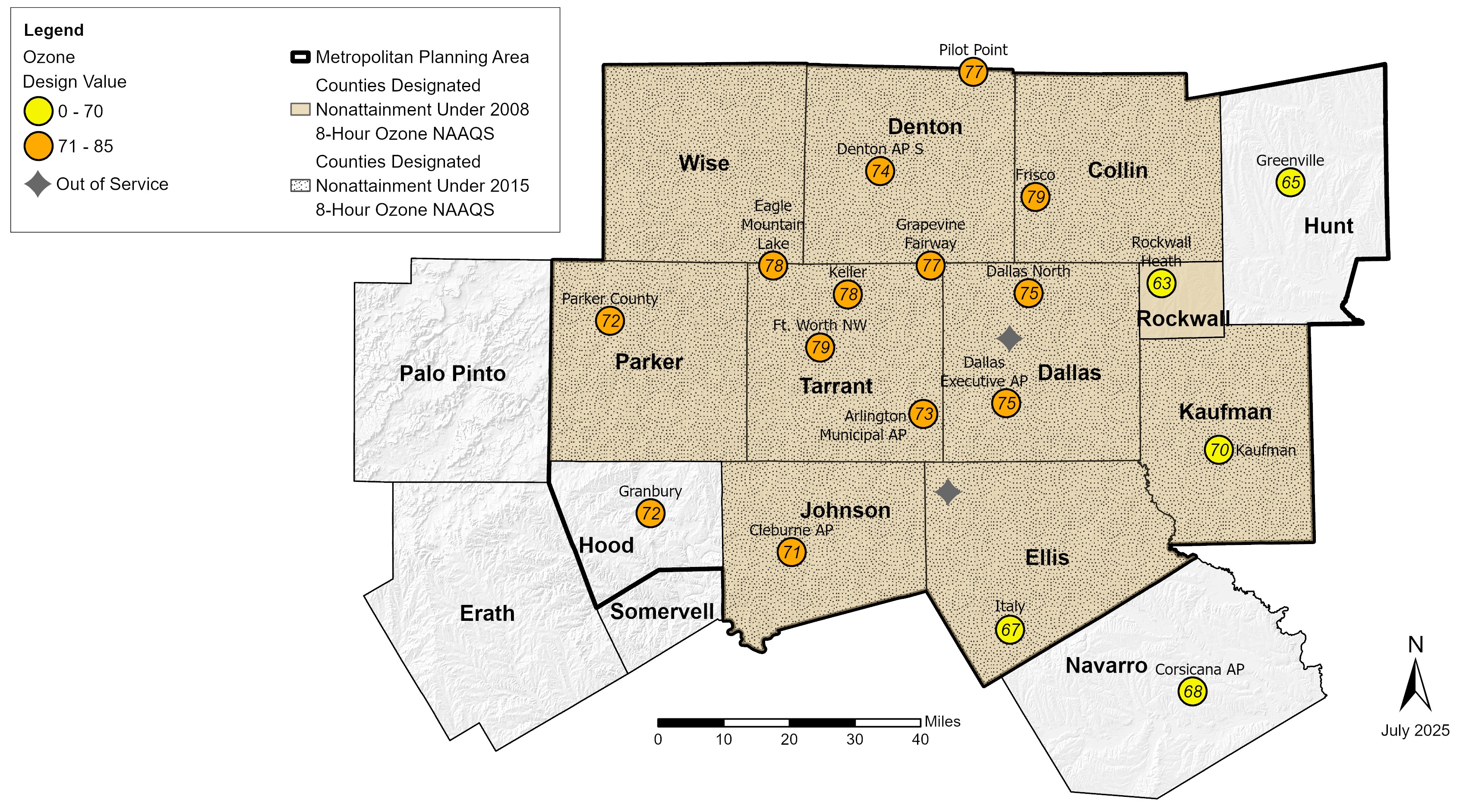 Regional Ozone Design Value Map, Updated July 14, 2025