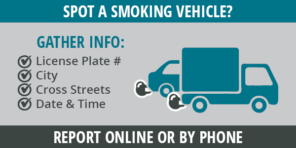 Steps for reporting a smoking vehicle including documenting license plate, city, cross streets, date and time