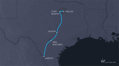This is an outlined route over a map of the state of Texas showing where the hyperloop technologies are to be considered. Beginning in Dallas going through Fort Worth, Austin, San Antonio, down to Laredo.