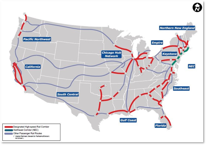 Map outlining the Congressionally-Designated High-Speed Rail Corridors in the US.