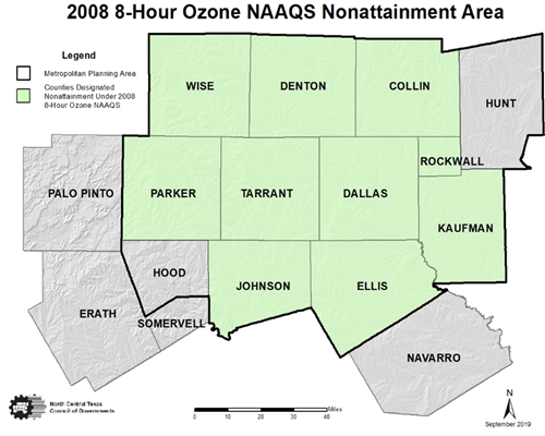 This is a map of North Central Texas counties in the 2008 8-hour ozone NAAQS nonattainment areas