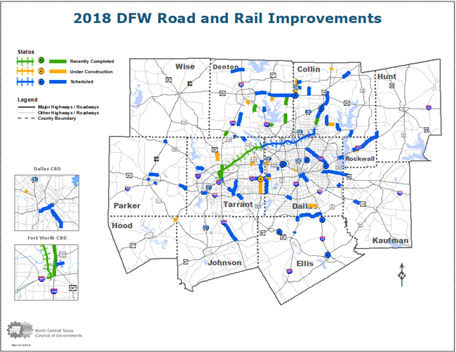 This is a map of 2018 DFW road and rail improvements.