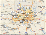 Map shows the current highest ozone 1-hour levels measured in parts per billion for each of the metropolitan areas in Texas where ozone is measured by the TCEQ.