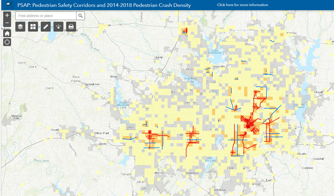 Map of pedestrian crash corridors and density for more information please call Kevin Kokes at 817-695-9275.